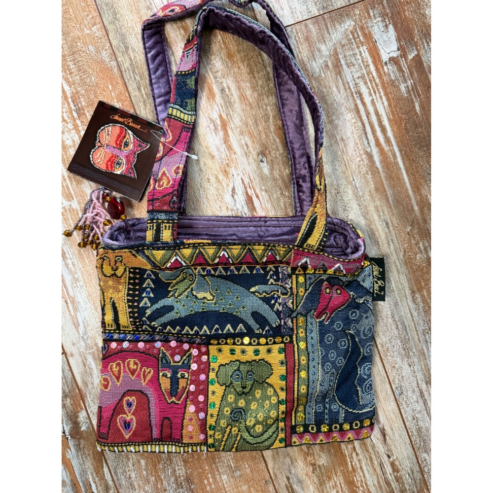 Laurel Burch Story Weavings Tapestry Tote Bag Cats Beaded Velvet LB3040